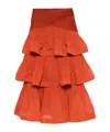 Zimmermann Ruffled Brick Red Maxi Skirt With Flared Hem And Draped Detail In Brick Red