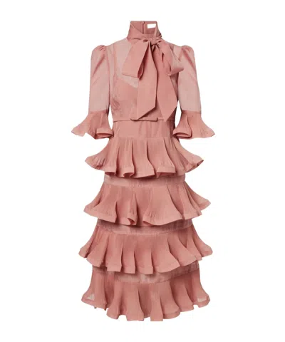 Zimmermann Tiered Pleated Midi Dress In Animal Print
