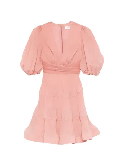 Zimmermann Tiered Puff-sleeve Dress In Pink