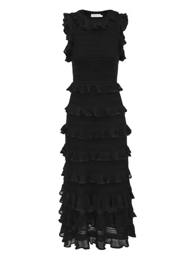 Zimmermann Crush Frilled V-neck Midi Dress In Black