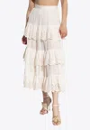 Zimmermann Ivory Embroidered Cotton Lucky Tiered Midi Skirt In White