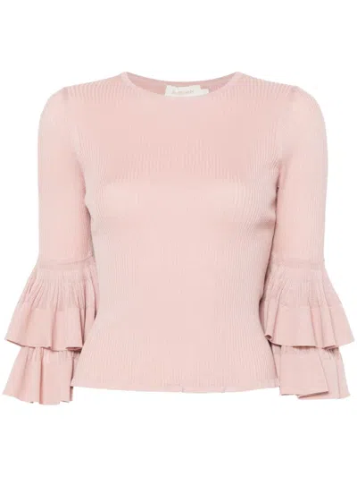 Zimmermann Ribbed Knit With Ruffled 3/4 Sleeves In Pink