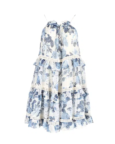 Zimmermann Tiered Sleeveless Dress In Blue Floral Print Silk In Multi