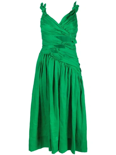 Zimmermann Tiggy Bow-embellished Linen Midi Dress In Verde