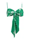 Zimmermann Everley Cropped Bow-detailed Pleated Floral-print Ramie Top In Green