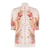 Zimmermann Ascension Embellished Shirred Floral-print Ramie Blouse
