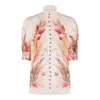 Zimmermann Ascension Embellished Shirred Floral-print Ramie Blouse