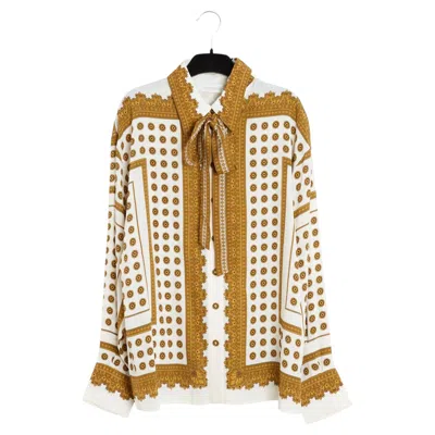 Pre-owned Zimmermann Top Soie Lavalliere Fr40 Ecru Gold Silk Ascot Blouse Size 2 Uk12 Us10 In Brown