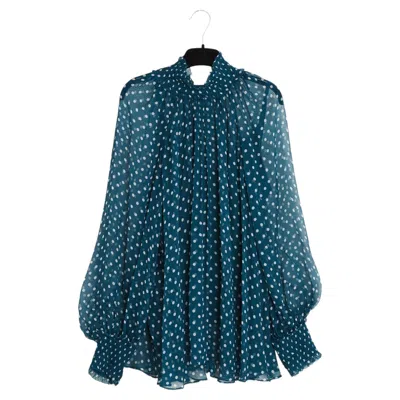 Pre-owned Zimmermann Top Soie Pois A Smocks Fr42 Green Blue Silk Blouse Size 3 Uk14 Us12