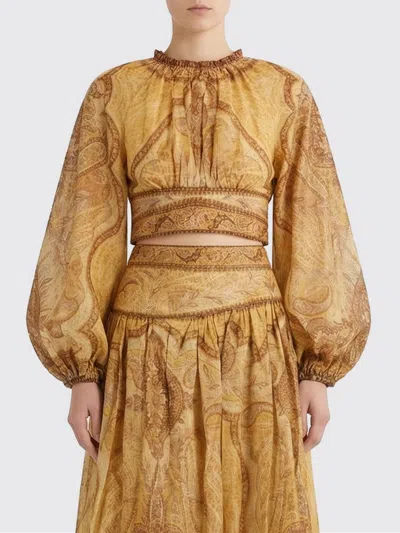 Zimmermann Wanderlust Multicolor Cropped Top With Puffed Long Sleeves And All-over Paisley Motif In Cotton Blen In Gold