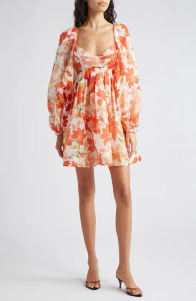 Zimmermann Minikleid Aus Einer Leinen-seidenmischung Mit Floralem Print Und Cut-outs In Tomatenrot