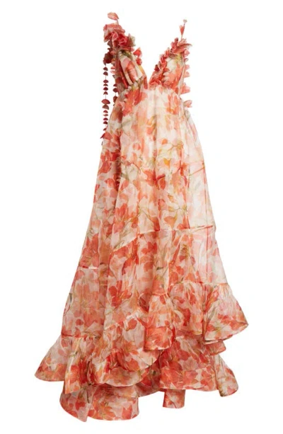 Zimmermann Tranquility Floral Silk Organza Gown In Red Lily