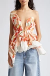 ZIMMERMANN TRANQUILITY FLORAL STRAPLESS LINEN & SILK PEPLUM TOP