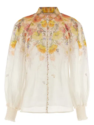 Zimmermann Tranquility Printed Organza Blouse In Cream