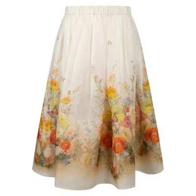 Zimmermann Floral-print Linen And Silk-blend Midi Skirt In Off-white