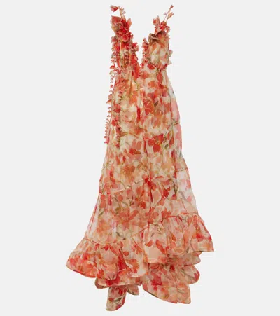 Zimmermann Tranquillity Floral Silk Organza Gown In Red Lily