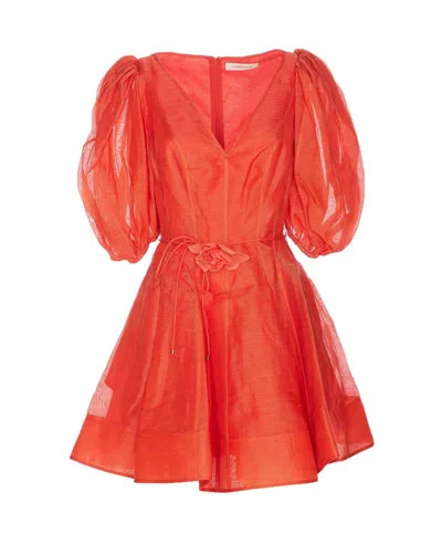 Zimmermann Tranquillity Puff-sleeved Mini Dress In Rosso