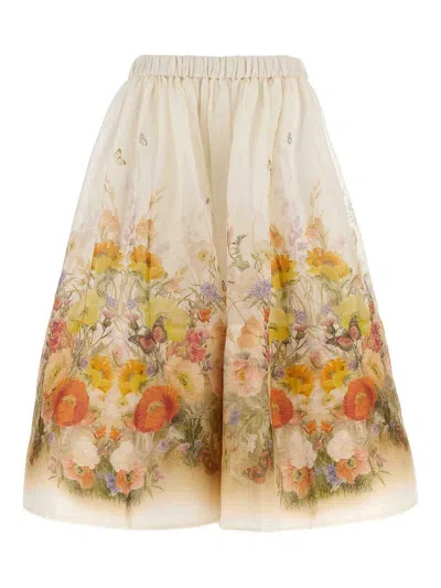 Zimmermann Jupe Midi Évasée En Lin Et Soie In White