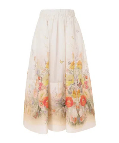 Zimmermann Jupe Midi Évasée En Lin Et Soie In White