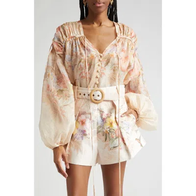 Zimmermann Tropical Floral Billow Ramie Shirt In Coral Floral