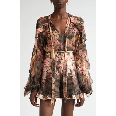 ZIMMERMANN ZIMMERMANN TROPICAL FLORAL FLUTTER RUFFLE TIE NECK TOP