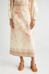 Zimmermann Tropical Floral Linen Pencil Skirt In Coral Floral