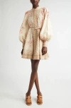 Zimmermann Illuminate Beige Mini Dress With Belted Waist And All-over Floral Print In Linen Woman In Coral Floral