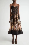 Zimmermann Illuminate Draped Midi Dress In Black Tropical In Black Tropical