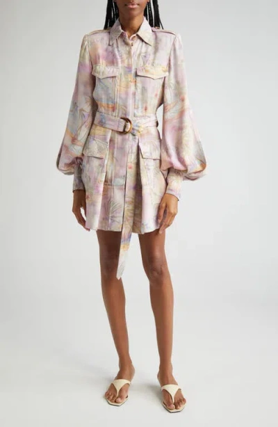 Zimmermann Tropical Print Long Sleeve Belted Cargo Minidress In Amethyst Morning
