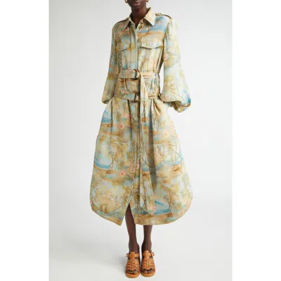 Zimmermann Tropical Print Long Sleeve Belted Cargo Shirtdress In Blue Morning