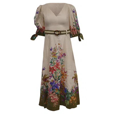 Zimmermann Tropicana Belted Floral Printed Midi Dress In Multicolor Linen In Neutral