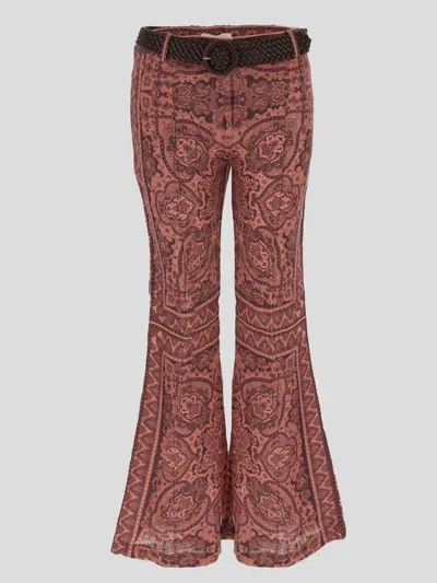 Zimmermann Belted Paisley-print Linen Flared Pants In Coral Paisley