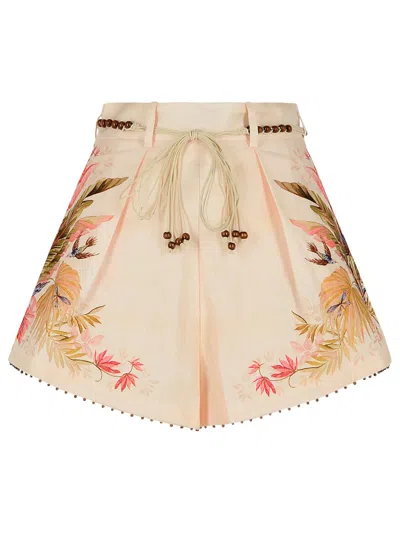 Zimmermann 'tuck' Linen Pleated Shorts In 'cream Palm Floral' Color