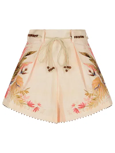 ZIMMERMANN TUCK LINEN PLEATED SHORTS IN CREAM PALM FLORAL COLOR
