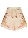 Zimmermann Ascension Belted Bead-embellished Floral-print Linen Shorts In Multi