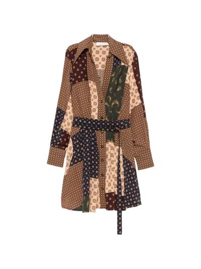 Zimmermann Tuck Patchwork-print Belted Mini Dress In Brown