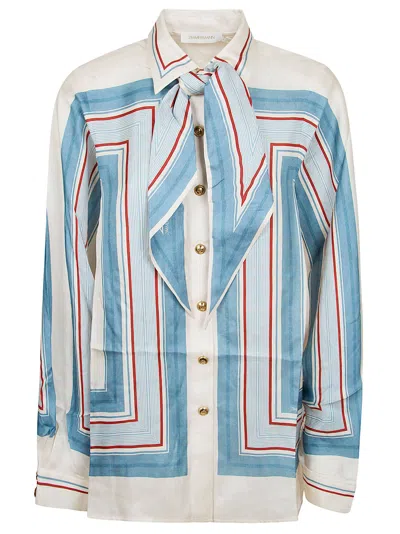 Zimmermann Twisted Romance Silk Shirt With Removable Bow And Geometric Pattern In White