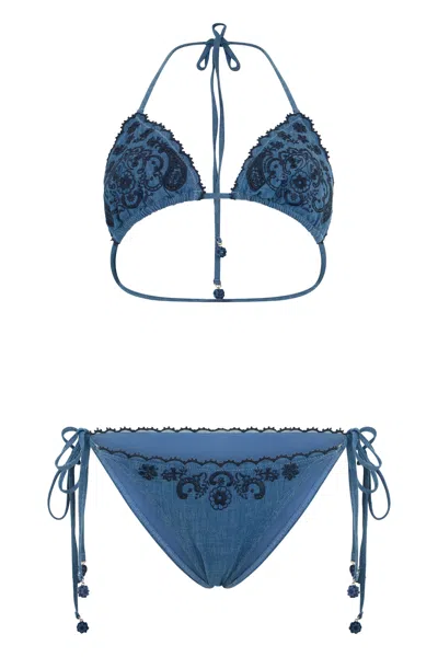 Zimmermann Two-piece Embroidered Swimsuit With Triangular Top And Adjustable Side-tie Slip In Blue