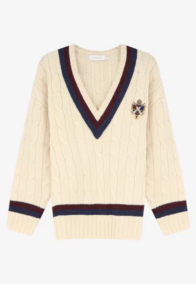 Zimmermann Valiant Cable Knit V-neck Sweater In Cream