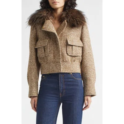 Zimmermann Valiant Crop Faux Fur Collar Herringbone Jacket In Brown