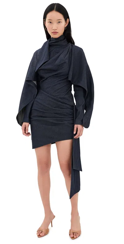 Zimmermann Denim Draped High-neck Long-sleeve Asymmetric Mini Dress In Black