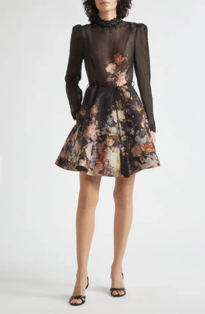 Zimmermann Valiant Embellished Floral Long Sleeve Linen & Silk Organza Dress In Black
