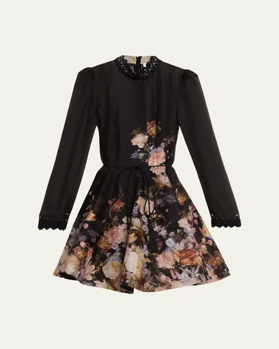 Zimmermann Valiant Embellished Floral Mini Dress In Black Flor