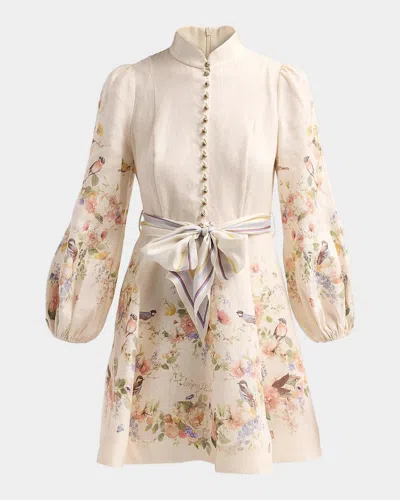 Zimmermann Valiant Floral Linen Button Mini Dress In Cream Bouquet