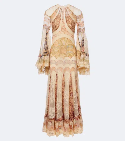 Zimmermann Floral-print Lace-paneled High-neck Long-sleeve Maxi Dress In Brown