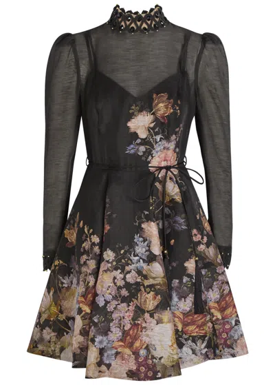 Zimmermann Valiant Floral-print Linen And Silk-blend Mini Dress In Black