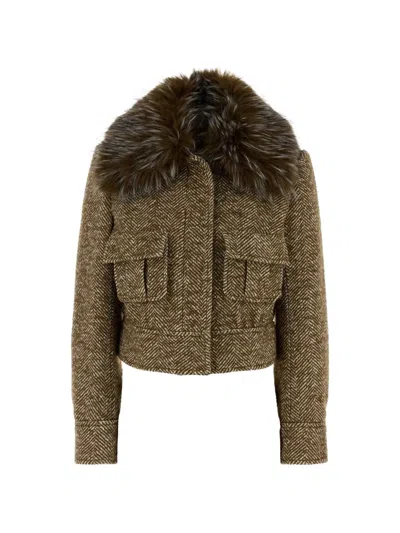 Zimmermann Valiant Herringbone Faux-fur Collar Tweed Jacket In Gray