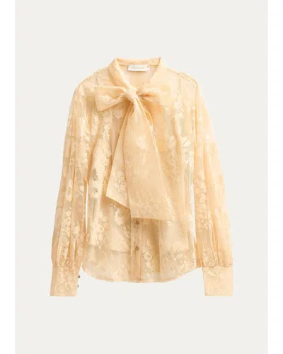 Zimmermann Valiant Lace Pussy Bow Blouse In Brown