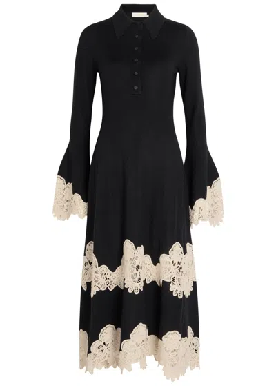 Zimmermann Valiant Lace-trim Wool Midi Shirt Dress In Black