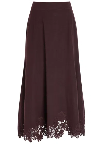Zimmermann Valiant Lace-trim Wool Midi Skirt In Brown